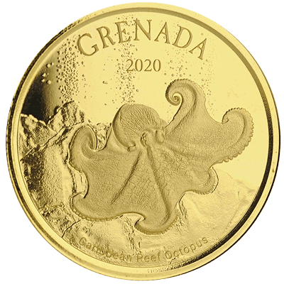 A picture of a EC8 Grenada Octopus 1 oz Gold Coin (2020)